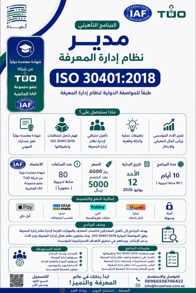 مدير معتمد إدارة المعرفة – ISO 30401:2018